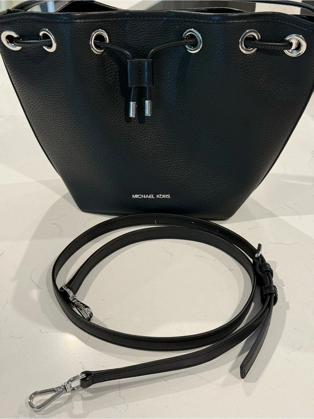 Michael Kors Black Leather Bucket Bag with Silver Hardware and Strap